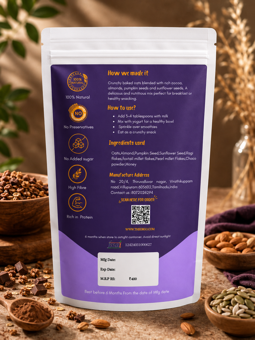 The Orgo High Protein Granola — Oats, Nuts & Mixed Grains | No Maida | No Refined Sugar